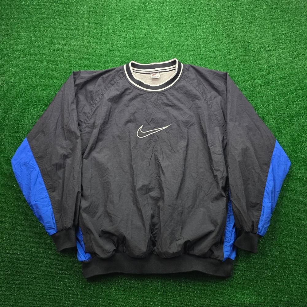 Nike Windbreaker Jacket Mens XL Black Blue Vintage 90s Center Swoosh Pullover